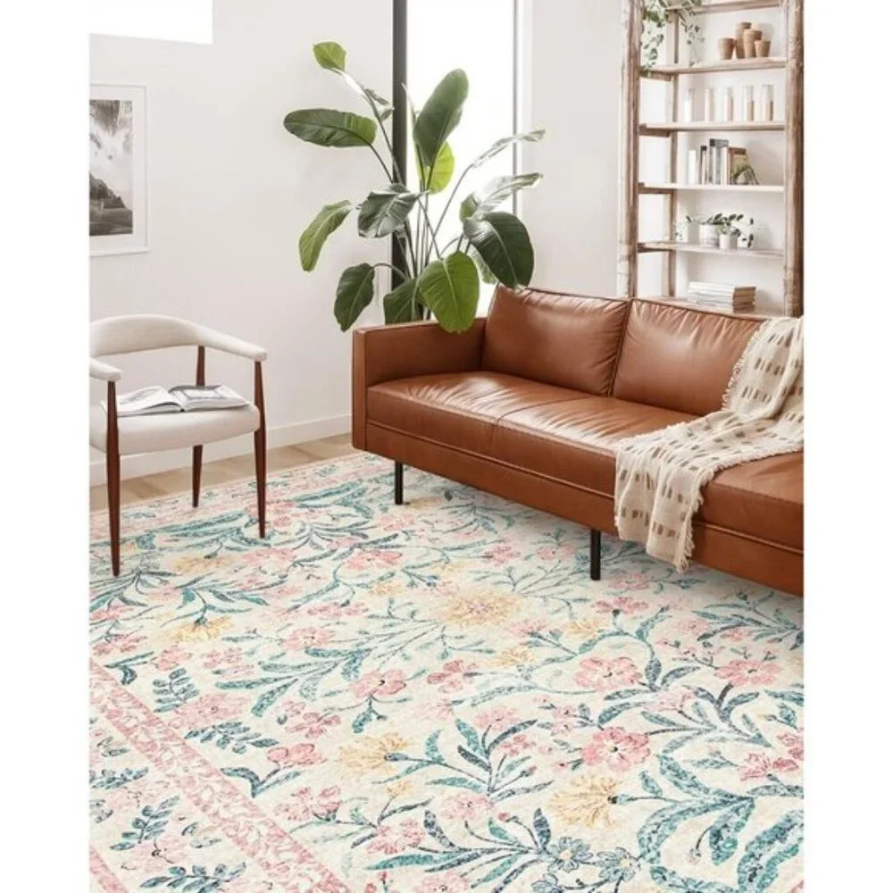 New 5x7 Pink Nursery Area Rug, Washable Non-Slip Floral Carpet for Girls Room